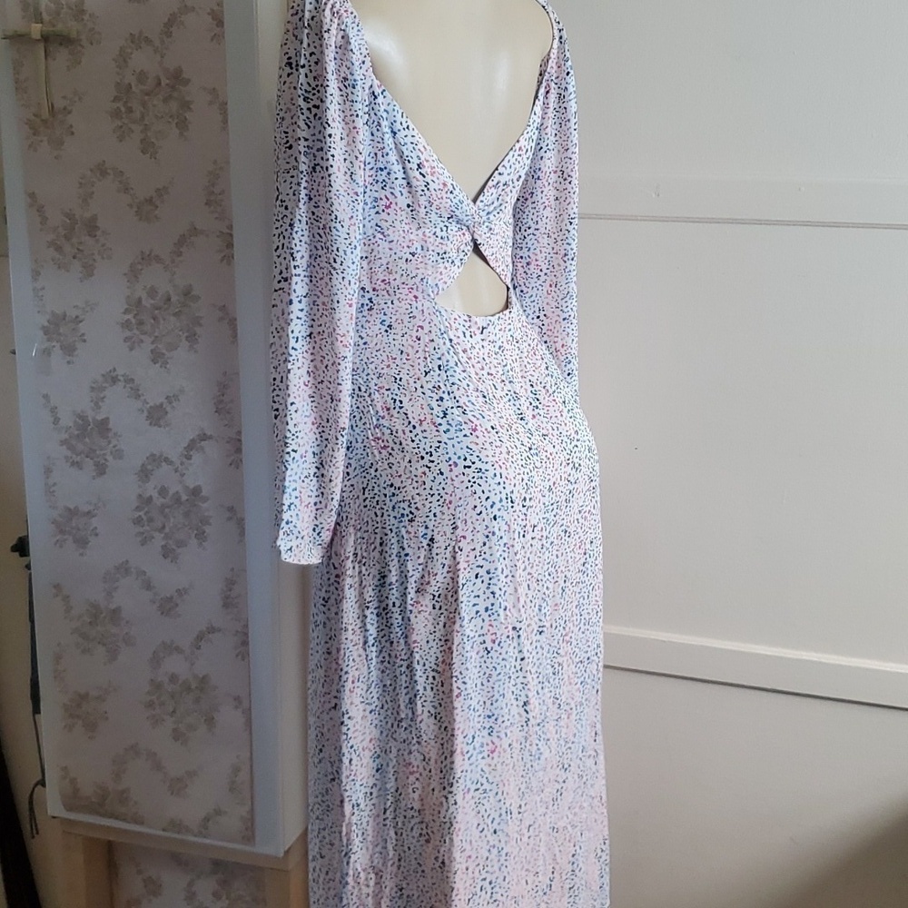 AFRM rainbow splatter leopard print white maxi dress long sleeve cut out Size M - Picture 6 of 12
